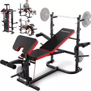6-in-1 접이식 웨이트 벤치 세트 1695LBS 조절식 운동 벤치/바벨 랙/컬 패드 프레스 다리 확장 및 컬 기계