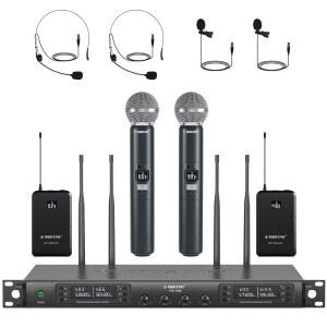 PHENYX PRO 4채널 무선 마이크 시스템 자동 스캔 4X40 UHF 주파수 휴대용 다이내믹 2개 바디팩 헤드셋 노래 DJ 교회용 라펠 마이크 PTU 7000 2H2B