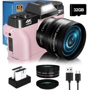 2026년 WiFi 180 플립 스크린 16배 디지털 52mm 배터리 2개 32GB SD 카드 핑크색 로 YouTube용 사진 브이로