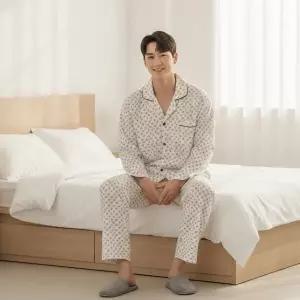 [보슈아]3066 남성 거즈면 긴팔 파자마 곰돌이 상하세트 홈웨어 면100 국내산