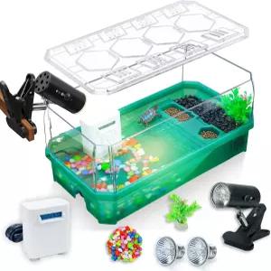수중 거북이 수조 서식지 키트 스톤+필터+열 램프로 360° 시청 독립형 여과 DIY 크리에이티브 존 풍부한
