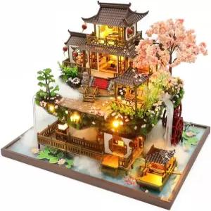 가구와 LED 조명이 있는 유진 DIY 인형의 집 먼지 덮개와 음악 운동이 된 대형 고대 스타일의 나무