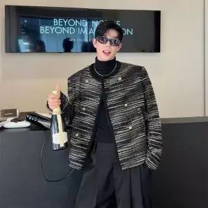 남성용 블랙 노칼라 카디건 더블 남녀 보이시룩 코트 자켓 트위드 편직 OP1