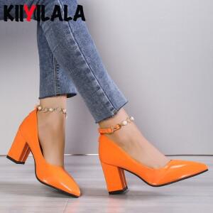 오렌지 진주 크리스탈 버클 체인 펌프 여성 신발 7cm Chunky High Heel Pointed Toe 특허 가죽 플러스 사이