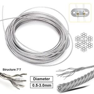 3롤 ~ 1롤 0.5-3mm 직경 7X7 구조 304 스테인레스 스틸 와이어 로프 얇은 케이블  낚시 리프팅