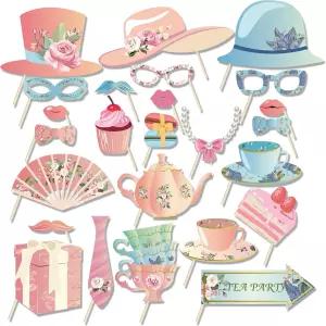 25개 티 파티 사진 부스 소품 키트 DIY 찻잔 찻주전자 테마 셀카 정원 장식 여자 생일 홈 데코