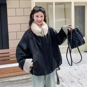 블랙 여성 점 트렌디 코트 퍼 앤티크 아이템 모피 칼라가죽 램스울 일체형 오리털 HT1
