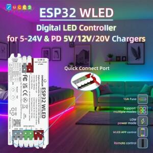 DOMRAEM ESP32 WLED 컨트롤러 - 듀얼 PSU (PD  5-24V DC), 16A 퓨즈. WS2812B, WS2805, SK6812, APA102 디