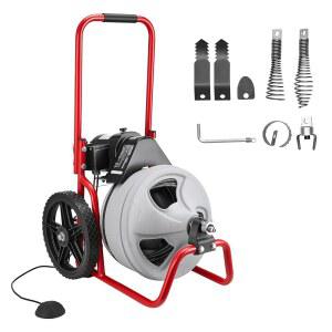 VEVOR 배수 청소기 75피트 x 3/8인치, 하수구 스네이크 오거 수동 바퀴 공급, 6개의 커터가 있는 휴대용 청소기, 2~4인치 파이프용 공기 활성화 풋 스위치