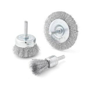 BOSCH WB025V3 3피스 와이어 브러시 세트 - 크림프 휠, 엔드 및 컵 브러시로 효율적인 페인트, 광택 녹 제거 드릴/드라이버와 호환되어 표면 준비가 용이합니다