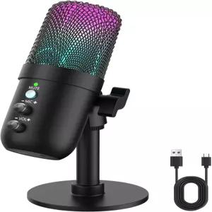 USB 마이크 노이즈 캔슬링 기능이 있는 컴퓨터 콘덴서 에코 모드 RGB 조명 음소거 버튼 PC Mac PS5