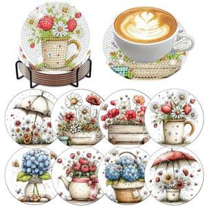 8 PCS 봄꽃 다이아몬드 아트 터 키트 식물 페인팅 홀더 코르크 패드 젬 도트 그림 공예 용품 성인 초보자용