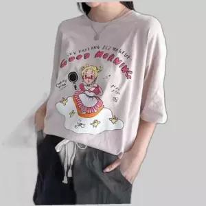 루즈핏 노랑머리 삐삐 굿모닝 반팔 롱 티셔츠 홈웨어