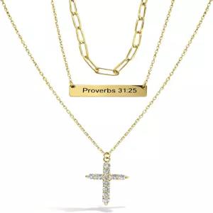 트렌디한 여성용 OIZIIYI 레이어드 크로스 목걸이 14K 골드 도금 3개 스태커블 펜던트 주얼리 세트