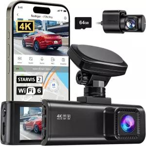 레드타이거 4K 대시캠 앞뒤 스타비스 2 센서 64GB 카드 포함 4K/2.5K+1080P 듀얼 카메라 내장 WiFi GPS