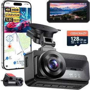 쿨크레이지 4K 대시캠 앞뒤 스타비스 센서 128GB 카드 무료 포함 5GHz WiFi 최대 20MB/s 차량용 듀얼
