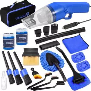Viewsun 18PCS 차량 청소 키트 블루 고출력 휴대용 진공청소기가 장착된 인테리어 디테일링 브러시 세트