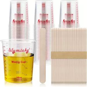 릴리믹 플라스틱 믹싱 컵 16온스 50팩 500ml 일회용 계량컵 50개와 나무 스틱 50개 에폭시 수지 액체 계량