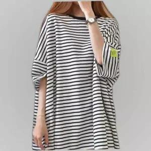 박시핏 단가라 롱티셔츠 스트라이프 레터링 포인트티