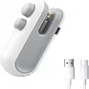 흰색 미니 백 씰러 1팩 2-in-1 휴대용 히트 커터 비닐봉지 칩 스낵 주방 및 여행용 USB 충전식 푸드
