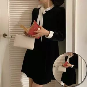 오프숄더원피스 벨벳 스트랩 리본타이 배색 원피스 A라인핏 하객룩