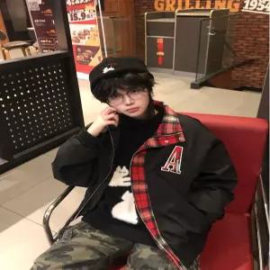 포뇨2 남친 체크 커플 코트 차이나 레터링 자수 파일럿 재킷 OPH1