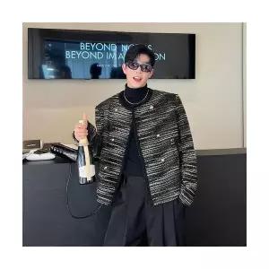 포뇨2 남성 블랙 편직 재킷 노칼라 남녀 더블 트위드 카디건 보이시룩 OPH1