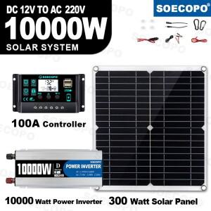 10000W 태양광 시스템 완전 세트 듀얼 USB 인버터 220V 300W 전지판 100A 컨트롤러 RV 캠핑 가정용 백업 C