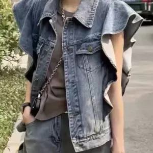 여성 어깨프릴 청조끼 조끼 베스트 여자 데님