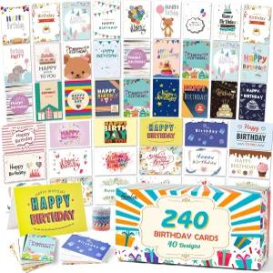 생일 카드 대량 240팩 40 디자인 축하 모음 상자 240개의 빈 봉투 252개의 스티커 9개의 와시 테이프 직원
