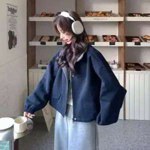 여성 남색 봄 쿨링 쇼트 코트 체크 자켓 톱 CH1