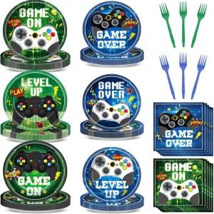 96PCS 비디오 게임 생일 파티 접시와 냅킨 블루 그린 게이머 일회용 종이 장식용 식기 세트 테마 용품
