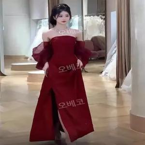 레드드레스 이브닝원피스 피로연 2부 파티룩 유색 빨강 오프숄더 스튜디오 촬영 스냅사진