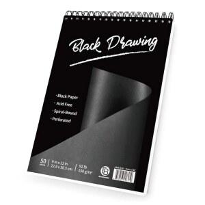 바흐모어 블랙 드로잉 패드, 9X12인치(92파운드/150gsm), 흑연, 아크릴, 색연필, 숯, 불투명 잉크, 구아슈 및 파스텔용 상단 나선형 결합, 천공, 헤비웨이트 페이퍼