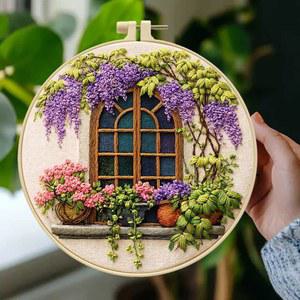초보자를 위한 창문 자수 키트, 사전 인쇄된 29x29cm 면 원단, 20cm 후프, 아늑한 빈티지 디자인 (JC0028)