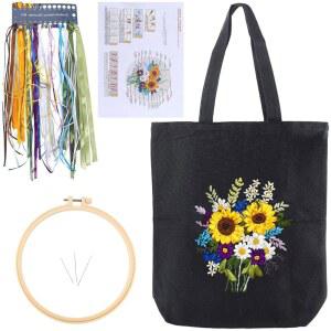카보달스 블랙 DIY 캔버스 토트백 자수 키트, 플라워 패턴 스타터 공예 꽃 바늘 포인트 크로스 스티치 후프 세트 재봉 도구, 초보자를 위한 지침 포함 축제 선물 홈 데코