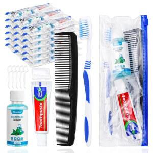 SLEQUIPO 30 세트 여행용 칫솔 키트 벌크 일회용 구강 청결제 치약 커버 지퍼백 치실 노숙자용 세트