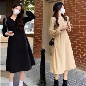 여자 가을 겨울 간절기 데이트룩 패션센스 브이넥 코듀로이 A라인 허리끈 프렌치 원피스