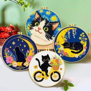 성인 초보자를 위한 젠칭 고양이 스탬프 크로스 스티치 키트, DIY 동물 패턴 키트 인쇄 바늘 포인트 수제 자수 가정용 장식 테마 4종 세트(69207)