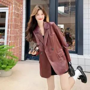 엘럽 여성 빈티지 가을 정장 재킷 와인 칼라 가죽 코트 질감 원템3