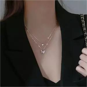 나비 목걸이 2줄 믹스 체인 큐빅 펜던트 레이어드 네크 여자목걸이 여성목걸이