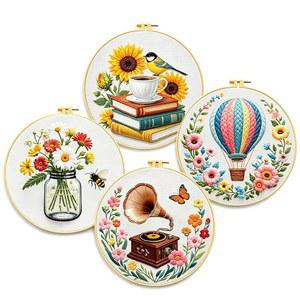 초보자를 위한 젠칭 4피스 자수 키트 - 사전 인쇄된 29x29cm 면직물, 후프, 실 및 도구(책, 열기구, 야생화, 축음기 디자인)로 완성된 세트(C0159)