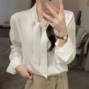 여성블라우스 브이넥 언발 타이 블라우스 앞뒤언발 직장인 출퇴근룩