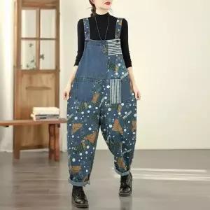 청 여성 캐주얼 멜빵바지 사랑스러운 빅사이즈 점프슈트 프린트 OOTD1