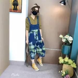 여친 청 가을 와이드 사랑스러운 점프슈트 오버롤 체크 OOTD3