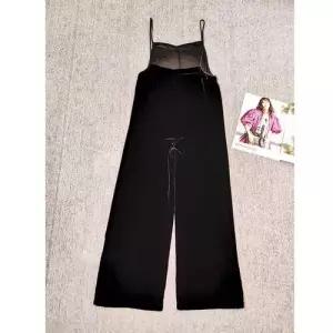 가을 여성용 블랙 실크 사랑스러운 점프슈트 멜빵 붐 오버롤 긴바지 벨벳 OOTD3