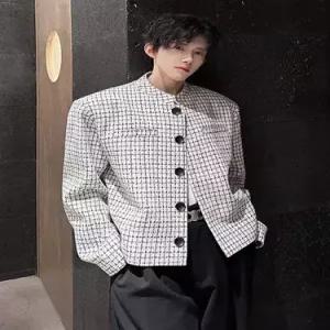 남성용 멋쟁이 정장 자켓 트위드 코트 봄가을 오버사이즈 패드 숏 하운드투스 체크 상의 SPO마켓3