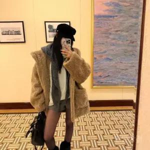 루즈핏후드퍼코트 뽀글이 여성 퍼코트 오버핏 하프 2color 포켓 박시핏 주머니 캐주얼