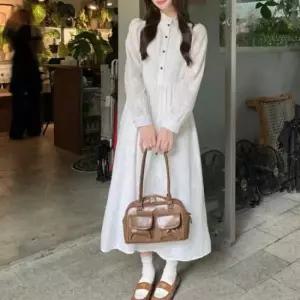 여리원피스 화이트 넥프릴 어깨셔링 플라워 패턴 롱원피스 러블리