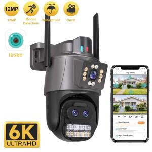 6K 12MP 보안 카메라 8X 줌 3 렌즈 듀얼 스크린 야외 WiFi 홈 보호 8MP IP 캠 PTZ CCTV 비디오 감시 Icsee